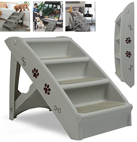 UISEBRT Hundetreppe Klappbar 4 Stufen Haustiertreppe, Tiertreppe mit Rutschfesten Matte und Stützstange Für Haustiere bis zu 75 kg, Grau