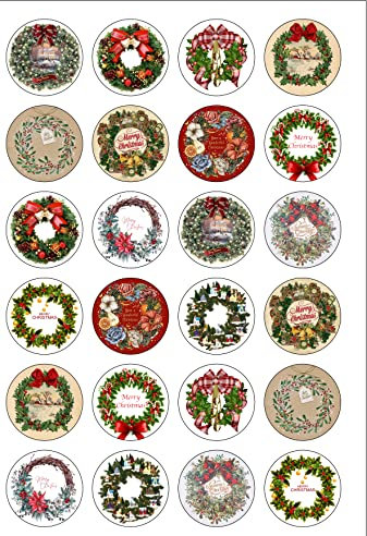 24 Precut Round Vintage Christmas Wreath Edible Wafer paper Cake Cupcake Toppers