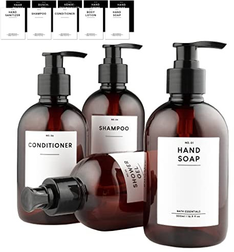 MONOKO 4er Set Seifenspender Kunststoff Braun 300ml Flasche - Plastik Shampoo Spender zum Befüllen - Pumpflasche + Aufkleber