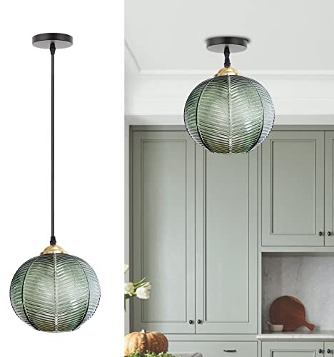 Hängelampe Grün Vintage Pendelleuchte Glas Moderner Retro-Stil Drop Deckenleuchte Hängeleuchte Grüne Lampenschirm mit Messing Lampenfassung Pendelleuchten für Kücheninsel Wohnzimmer, E26(1Pack)