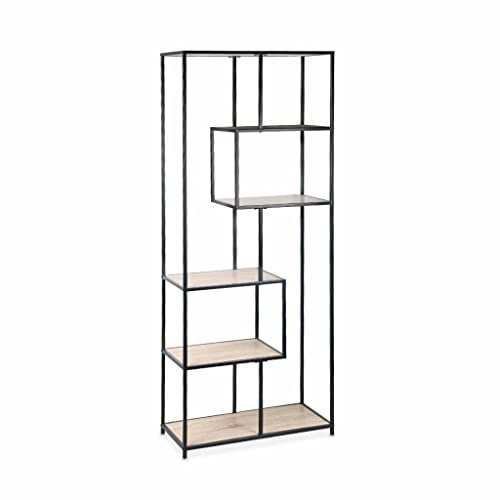 Asymmetrisches Regal aus schwarzem Metall und in Holzoptik - Loft - Bücherregal mit 6 Ebenen, L 77 x B 33 x H 185 cm
