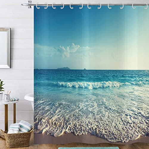 Hnmdmyi Duschvorhang Ozean Strand 180x200, Meer Wellen Blauer Himmel Natur Szenerie Badewanne Vorhang Wasserdicht Polyester Stoff Waschbar Badevorhang für Badezimmer mit Haken