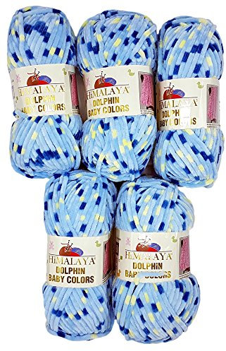5 x 100 Gramm Himalaya Dolphin Baby Colors Strickwolle Babywolle Mehrfarbig, 500 Gramm Strickgarn super Bulky (hellblau blau gelb 80403)