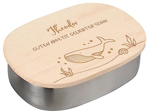 LAUBLUST Personalisierte Brotdose Kinder - Edelstahl Lunchbox Kindergarten - Holzdeckel mit Gravur - Wal Motiv - Ocean Serie