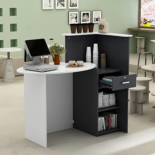 Caldion Empfangstheke mit Strauraum,Rezeptionstisch mit Abschließbarer Schublade und Schränke,Empfangstisch, Tresen für Klinik,Salon, Lobby, Weiß und Schwarz, 121x60x110CM