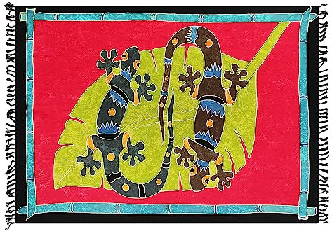 SAIVONA Pareo Sarong Strandtuch Damen-Wickelrock Strand-Handtuch Wickeltuch oder Handtuchkleid und Wickelkleid Damen-Handarbeit aus Fair Trade Herstellung Batik Geckos Bunt Bali