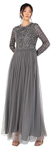 Maya Deluxe Women's Maxi Dress Ladies Crew Neck Long Sleeve Sequin Embellished Tulle Ruffle for Wedding Guest Bridesmaid Ball Gown, Charcoal, 20
