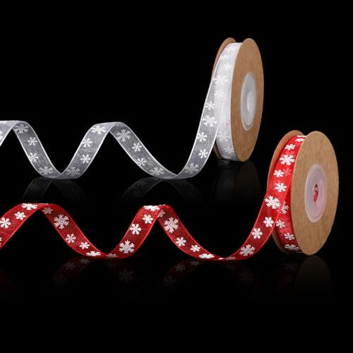 2 Rouleaux Rubans de Noël, 20mx10mm Rouge et Blanc Ruban de Flocon de Neige de Noël Ruban de Noël pour la Fabrication Artisanale Emballage Cadeau Décorations de Noël