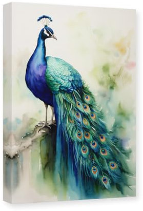 CXHOSTENT Pfau-Leinwand-Kunst Tierbilder Wanddekoration Vintage-Pfau-Gemälde Druck Tiere Kunstwerk Wohnzimmer-Dekor Rahmen (Pfau - 3, 30.00 x 45.00 cms)