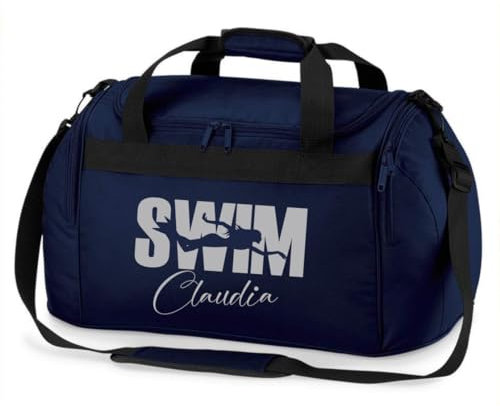 minimutz Sporttasche Schwimmen für Kinder - Personalisierbar mit Name - Schwimmtasche Swim Duffle Bag für Mädchen und Jungen (dunkelblau)