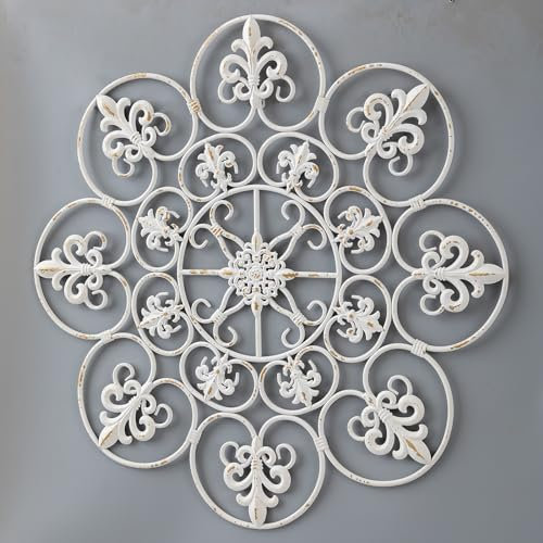 Sintosin Vintage Wrought Iron Wall Decor 32.5 Inches, Hanging Distressed White Large Round Metal Wall Art Decor for Living Room, Fleur De Lis Wall Decor above Bed, Metal Scroll Wall Sculptures