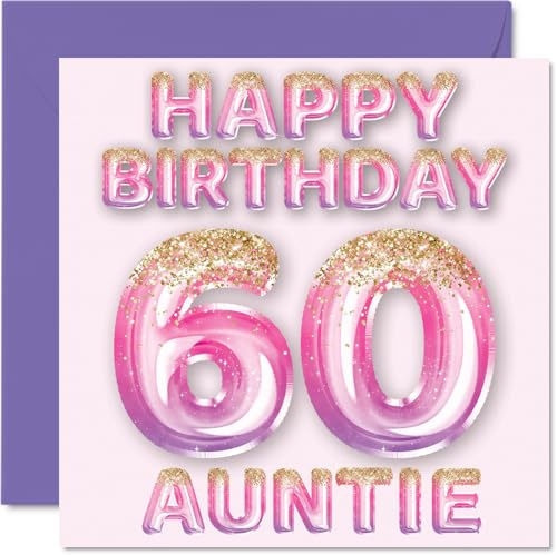 60th Birthday Card for Auntie, Pink & Purple Glitter Balloons | Happy Birthday Cards for 60 Year Old Aunt Aunty from Nephew Niece, 145mm Bday Greeting Cards Gift