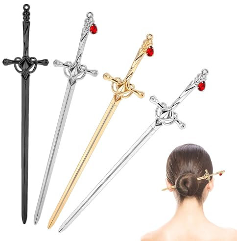 Andibro 4 Stück Schwerlast Schwertförmige Lesezeichen, Kreatives Lesezeichen Leseseitenmarkierungen, Hexen Haarschmuck Antiker Chinesischer Schwertkämpfer-Kopfschmuck Mittelalterlicher Geschenk