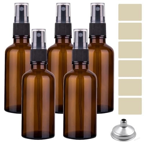 IME Amber Glass Spray Bottle Fine Mist Small Spray Bottle with Funnel and Labels Pack of 5 Travel Empty Spraying Bottles for Cleaning Essential Oil Cosmetic Sprays Perfume Hair, 50ML