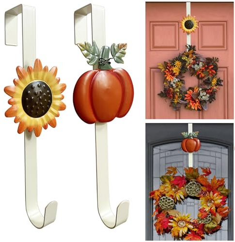 WKHOMEDECO 2 Pack Fall Wreath Door Hanger with Pumpkin & Sunflower, Fall Decoration Metal Over The Door Single Fall Wreath Hanger Ornament Halloween Wreath Hangers for Front Door, Door Wreath Hanger