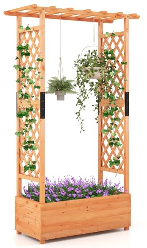 GYMAX Letto da Giardino Rialzato con Pergola, Letto da Giardino Rialzato in Legno con Tettoia Appesa, Scatola di Fioriere, Fori di Drenaggio per Piante Rampicanti, Fiori, Verdure (Arancione)