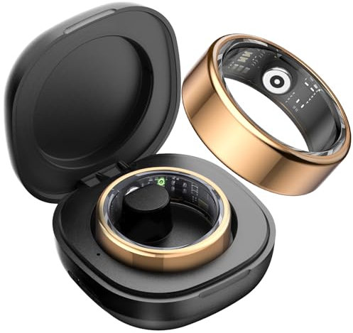 DekeFit Bague Connectée Homme Femme avec Compartiment de Chargement Portable, Smart Ring Sommeil/Fréquence Cardiaque/SpO2, 100+ Modes Sportifs, IP68 Étanche Smartring Android iOS, Taille 12, Or