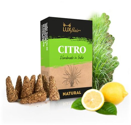LUXflair 100% Natürliche Räucherkegel Citronella - 10 Räucherkegel, Natural Citro, Räucherkerzen mit grob gemahlenen Rohstoffen, vegan & tierversuchsfrei