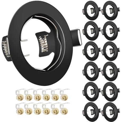 Tofisr Einbaustrahler GU10 Set, Spot Einbaurahmen Rund Matt Schwarz, Lochdurchmesser 55mm-70mm, Inkl. GU10 Fassung für LED oder Halogen(50mm-Lampen), 12 Stück