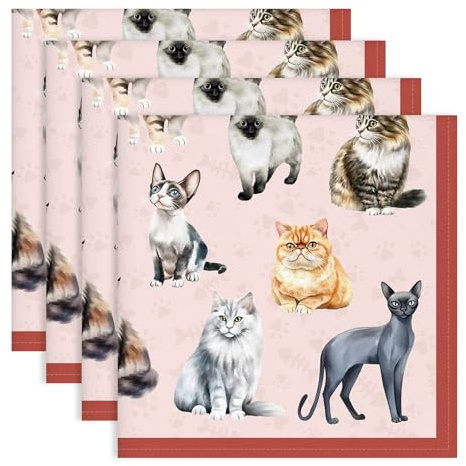Arquiel Servietten Rosa Katze 4er-Set, Stoffservietten 100% Baumwolle Dekoratives Weiches Wiederverwendbare Esstisch Servietten für Hochzeiten Küche Haushalt Frühling/Sommer(45×45cm)