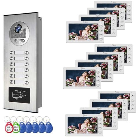 Videoportero con cable para apartamentos, 12 unidades, monitor de 7 pulgadas, videoportero, timbre de puerta de vídeo para interiores y exteriores, desbloqueo de tarjeta de identificación, audio de 2