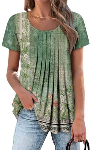 CHICZONE Womens Short Sleeve Round Neck Tops Pleated Dressy Flowy Henley T-Shirts Button Down Blouse