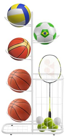 Ballständer Basketball 5 BäLle, Ballständer Fussball Mit Korb, Stabiler Ballregal Aufbewahrung Regal Sportgeräte Organizer Für Rugby Volleyball Fußball Display