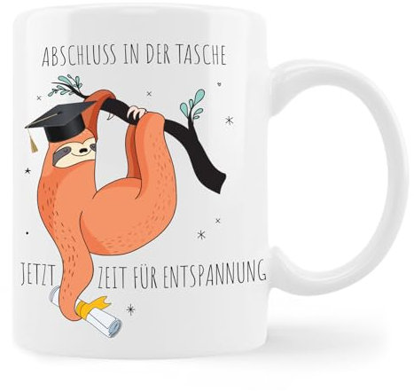Tassensachen Geschenke für Abschluss | Tasse Master Abschluss | Studienabschluss Geschenk | Abschluss in der Tasche - jetzt Zeit für Entspannung | Kaffeebecher aus Keramik in Weiß - ca. 330 ml
