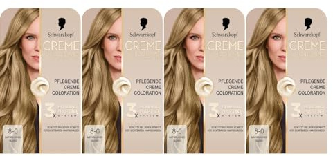 Schwarzkopf Creme Supreme Coloration 8-0 Natürliches Blond (4x182 ml), dauerhafte Haarfarbe mit Serum und Haar-Maske schützt vor sichtbaren Haarschäden, für 100% Grauabdeckung