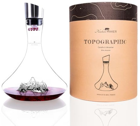 Carafe à décanter le vin 1.8 L | Borosilicate de qualité supérieure soufflé artisanalement avec les montagnes en relief | Bouchon 3 en 1 (filtre, aérateur et bec verseur) (Aiguille du Midi)