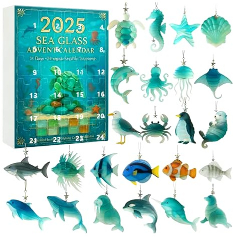 Sea Glass Marine Life Adventskalender 2025, 24 Tage, Ozean-Thema, Countdown-Kalender mit 24 bezaubernden, realistischen Ozean-Tieren, Dekoration, Überraschungsgeschenk für Ozeanliebhaber, Kinder und