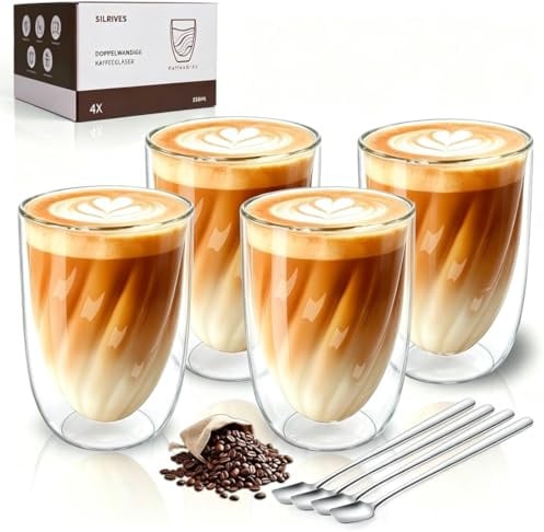 SILRIVES Latte Macchiato Gläser Doppelwandig 350ml 4er Doppelwandige Kaffeegläser Teegläser mit 4 Löffeln Borosilikatglas Thermogläser Doppelwandig für Cappuccino Eiskaffee Espresso Tee Milch Bier