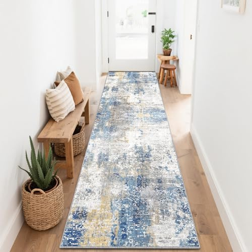SOANNY Teppich Läufer, Kurzflor rutschfest Superweich 80x300 cm, Blau-Beige | Modern Abstrakt, Superweich, Waschbar, Pflegeleicht, Für Flur Korridor Küche Bettumrandung Wohnzimmer Schlafzimmer Büro