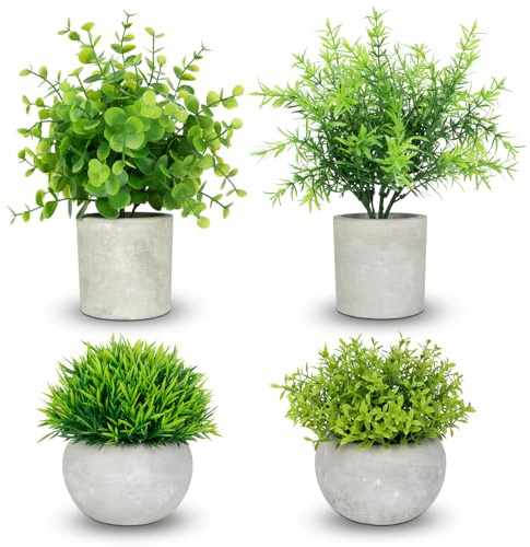 ZAIYW 4PCS Small Fake Plants in Pots, Mini Potted Artificial Plants Indoor | Artificial Plastic House Plants Faux Rosemary Eucalyptus for Office Desk Bedroom Farmhouse Decor