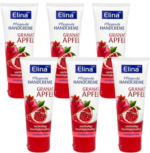 Elina Med Handcreme Granatapfel 6x75 ml – Pflegende Feuchtigkeitspflege für trockene Haut – Mit Granatapfelextrakt – Zieht schnell ein