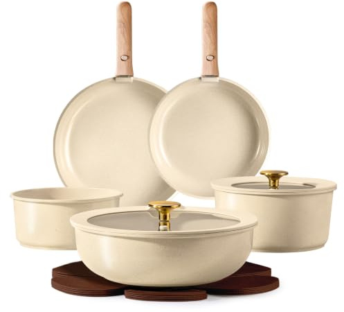 CAROTE Juego de Ollas y Sartenes Antiadherentes Cerámica 13 Piezas, Beige | Batería de cocina con mangos extraíbles efecto madera, compatible con inducción, gas, vitrocerámica, horno y lavavajillas