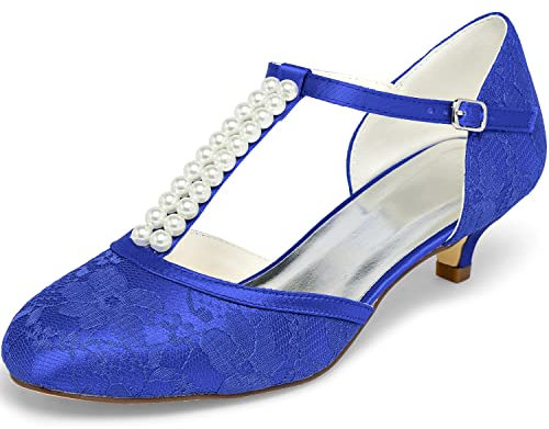 JIAJIA 01129 Women's Bridal Shoes Closed Toe T-Strap 1.8'' Low Heel Lace Satin Pumps Imitation Wedding Shoes Colour Blue,Size 5.5 UK/39 EU