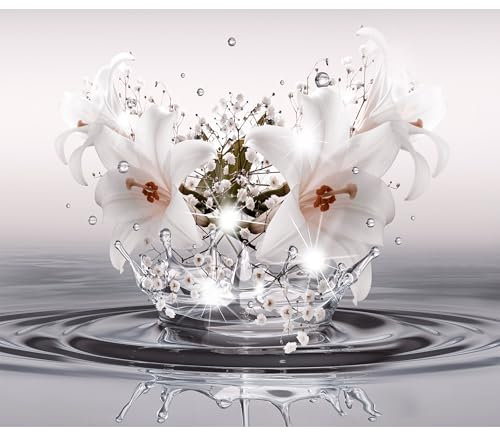 decomonkey Premium Fototapete Diamant Blumen 100x70 cm Tapete Fototapeten Vlies Tapeten Vliestapete Wandtapete moderne Wand Wandbild Schlafzimmer Wohnzimmer Lilien Grau 3D Effekt Abstrakt Tropfen