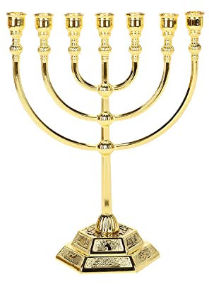 BRTAGG Menorah Kerzenhalter – 17 cm Höhe, 7 Zweige, vergoldet, zeigt 12 Stämme Israels und den Jerusalemer Tempel für jüdische Feiertage und Zeremonien (Modell: 4441)