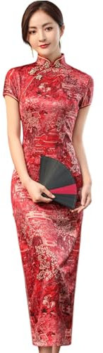 Robe de Nouvel An pour femme Cheongsam chinoise à manches courtes Cheongsam Qipao Robe de style traditionnel mince Ourlet fendu Robe longue Costume Cosplay, Rouge, L