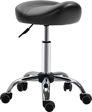 HOMCOM Rollhocker Höhenverstellbarer Arbeitshocker mit Rädern Drehbarer Salon Hocker für Massage Kunstleder Schwarz 48 x 48 x 54-69 cm