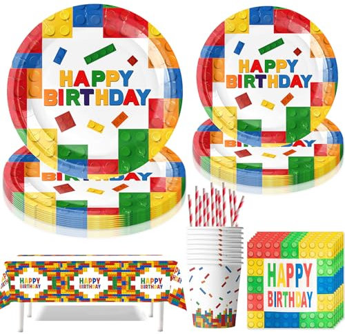 Lot de 61 pièces de vaisselle de fête en papier - Briques de construction - Assiettes en carton - Pour anniversaire d'enfant - Pour fille et garçon