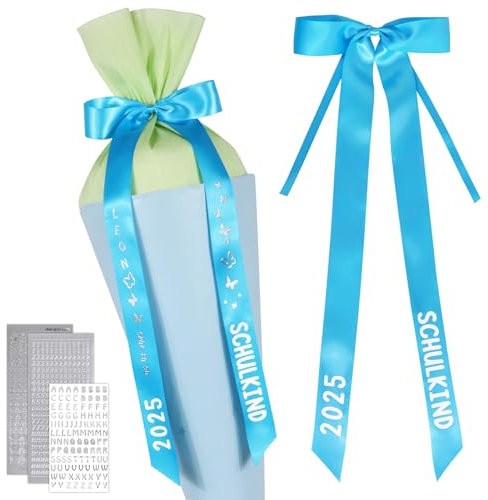 BOFUNX Schultütenschleife Blau Zuckertütenschleife + Buchstaben Zahlen Schmetterling Aufkleber, Schultüte Zuckertüte Schleife für Schulkind, Schulanfang Einschulung Deko