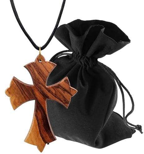 LUNEXUS Collana con ciondolo a forma di croce in legno d'ulivo, marrone naturale, realizzata a mano, con cordino, sacchetto di velluto, certificato dorato, anello in legno cristiano, unisex, regalo