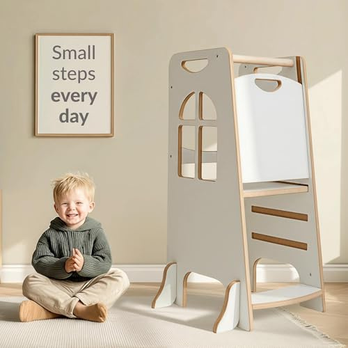 Torre de Aprendizaje Montessori para Bebés y Niños – Torre de Aprendizaje Infantil Ajustable con 3 Alturas seguras, Blanco/Pino Soportes Laterales Antivuelco y Panel de Seguridad Trasero