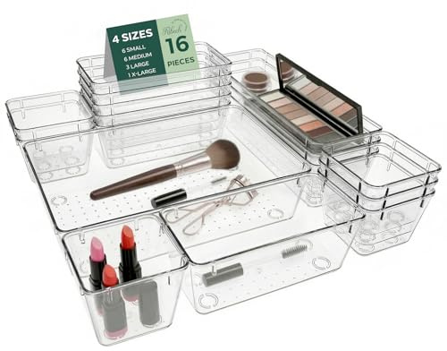 Ribech Set mit 16 Organisationsboxen für Schubladen, 4 Maße mit Anti-Rutschpunkten, stapelbare transparente Organizer für Schminkutensilien, Küche, Badezimmer und Büro