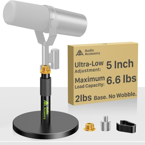 AA AUDIO ACCESSORY Mikrofonständer Tisch, Ultra-Niedrige 12,7cm Höhenverstellbar, 3kg Tragfähigkeit, Vollmetall Mikrofon Tischstativ für Shure SM7B SM7dB MV7+, Fifine, Blue Yeti Snowball, Rode PodMic