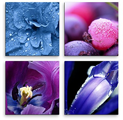 Sinus Art 4 Bilder Set je 40x40cm Blumen Makroaufnahme Wassertropfen Blau