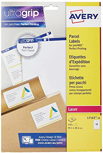 Avery Bedruckbare Adress-Versand-Etiketten für Laserdrucker, 14 Etiketten pro A4-Blatt, 140 Etiketten, UltraGrip (L7163), Weiß