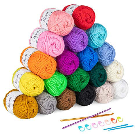 ilauke 20 x 30g Balls of Assorted Double Knitting Yarn, Colored Acrylic Yarn Set with 2 Crochet Hooks, 2 Needles, 8 Crochet Locking Stitch Markers